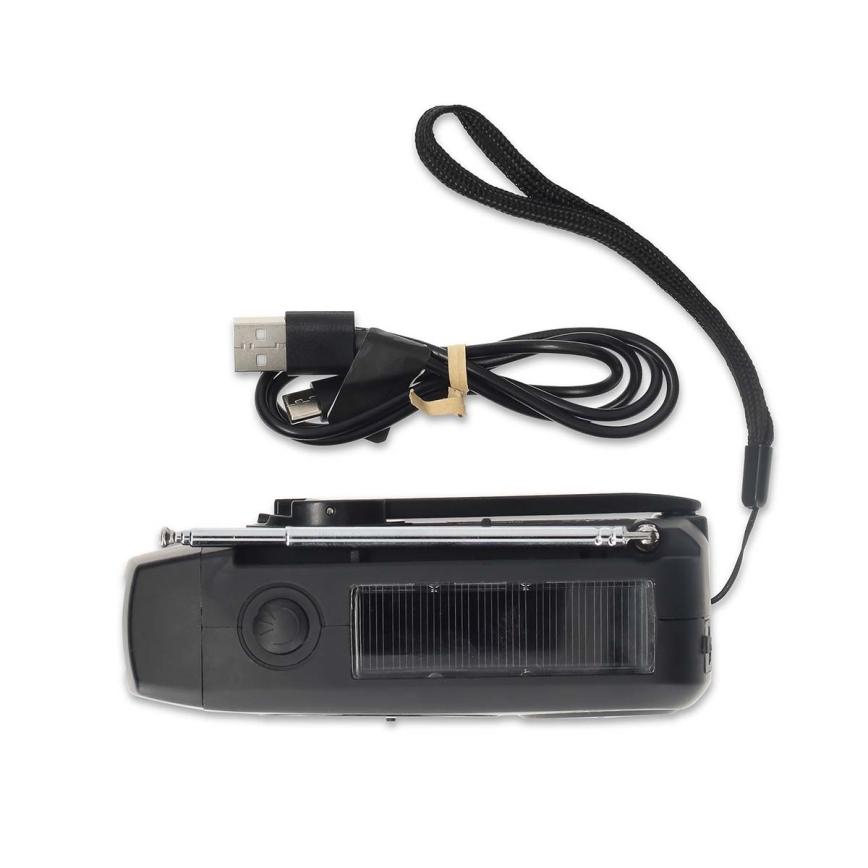 AM/FM radio ar rokas kloķi, saules paneli un 2000 mAh akumulatoru — iebūvēts LED lukturis