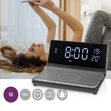 Modinātāja pulkstenis ar LCD ekrānu un bezvadu lādētājs 15W/230V + 1xCR2032 melna