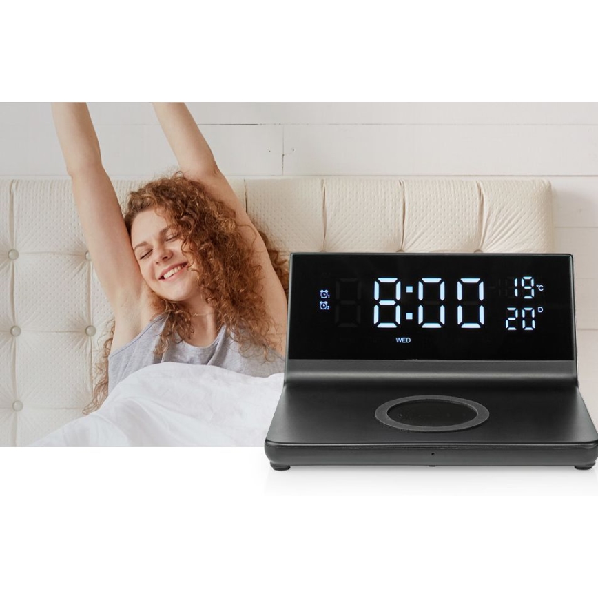 Modinātāja pulkstenis ar LCD ekrānu un bezvadu lādētājs 15W/230V + 1xCR2032 melna