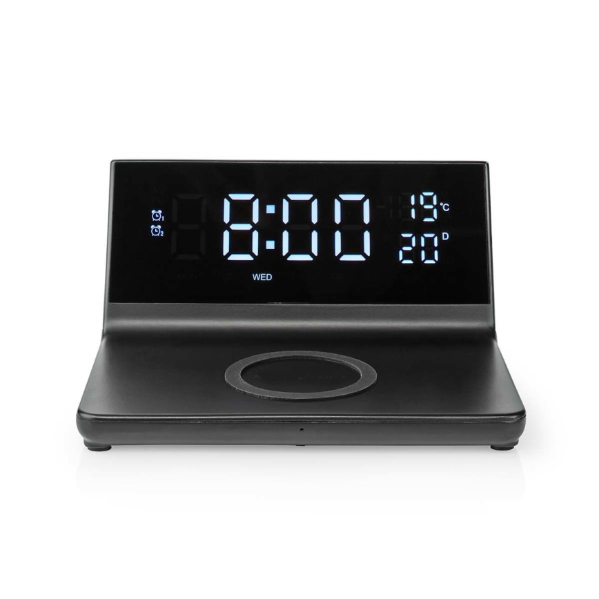 Modinātāja pulkstenis ar LCD ekrānu un bezvadu lādētājs 15W/230V + 1xCR2032 melna