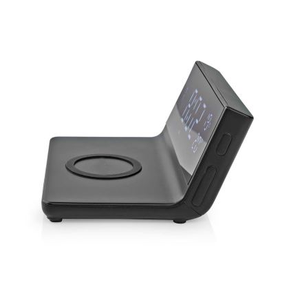 Modinātāja pulkstenis ar LCD ekrānu un bezvadu lādētājs 15W/230V + 1xCR2032 melna