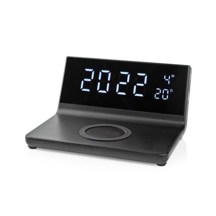 Modinātāja pulkstenis ar LCD ekrānu un bezvadu lādētājs 15W/230V + 1xCR2032 melna