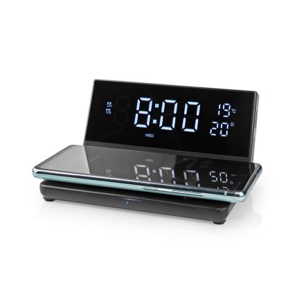 Modinātāja pulkstenis ar LCD ekrānu un bezvadu lādētājs 15W/230V + 1xCR2032 melna