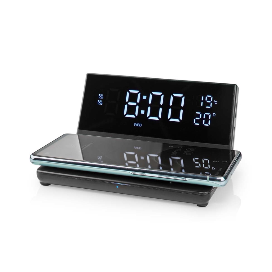 Modinātāja pulkstenis ar LCD ekrānu un bezvadu lādētājs 15W/230V + 1xCR2032 melna