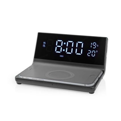 Modinātāja pulkstenis ar LCD ekrānu un bezvadu lādētājs 15W/230V + 1xCR2032 melna