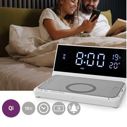 Modinātāja pulkstenis ar LCD ekrānu un bezvadu lādētājs 15W/230V + 1xCR2032 balta