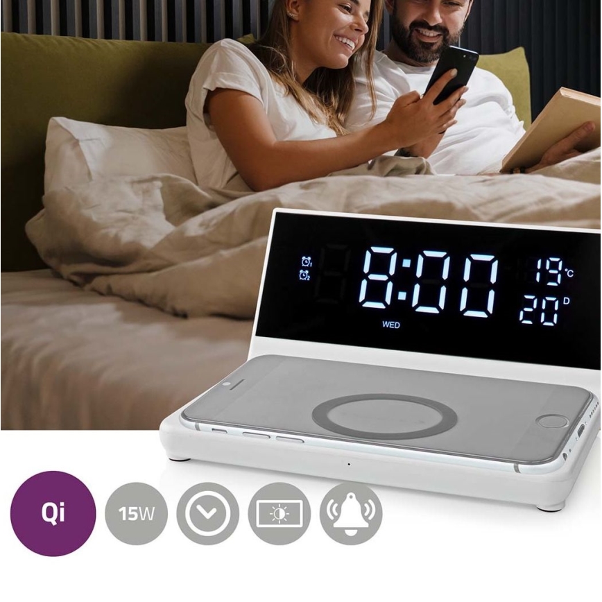 Modinātāja pulkstenis ar LCD ekrānu un bezvadu lādētājs 15W/230V + 1xCR2032 balta