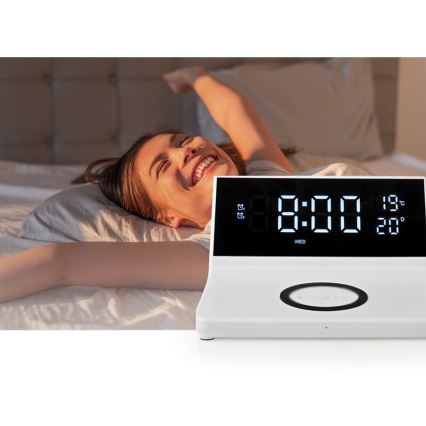 Modinātāja pulkstenis ar LCD ekrānu un bezvadu lādētājs 15W/230V + 1xCR2032 balta
