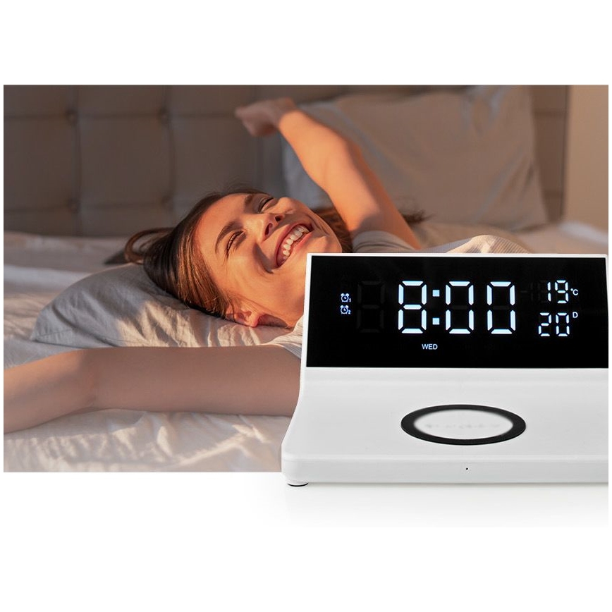 Modinātāja pulkstenis ar LCD ekrānu un bezvadu lādētājs 15W/230V + 1xCR2032 balta