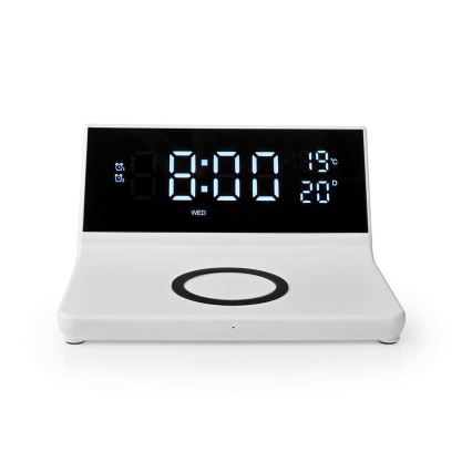 Modinātāja pulkstenis ar LCD ekrānu un bezvadu lādētājs 15W/230V + 1xCR2032 balta