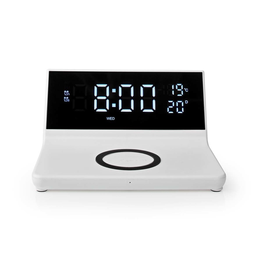 Modinātāja pulkstenis ar LCD ekrānu un bezvadu lādētājs 15W/230V + 1xCR2032 balta