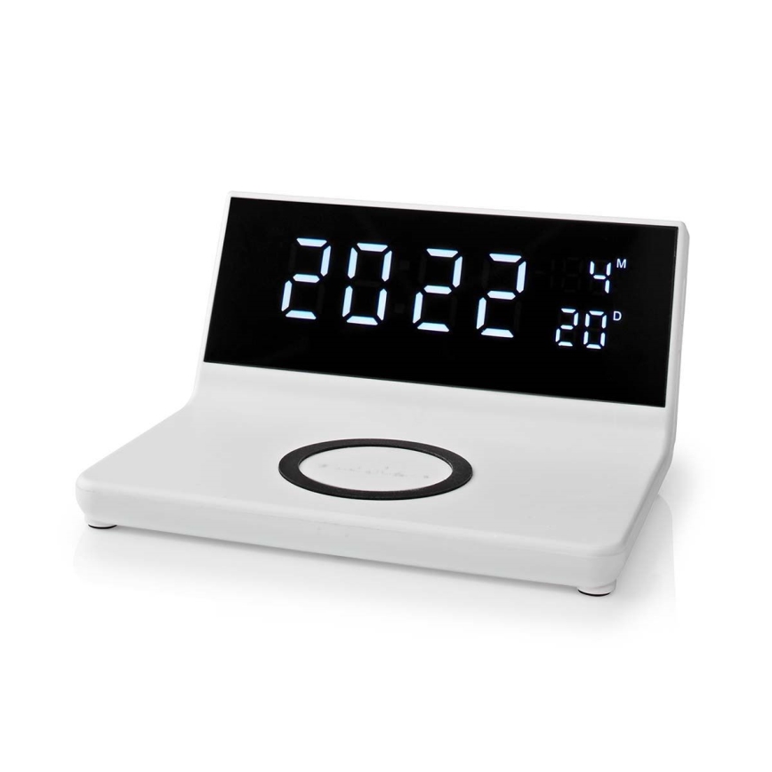 Modinātāja pulkstenis ar LCD ekrānu un bezvadu lādētājs 15W/230V + 1xCR2032 balta
