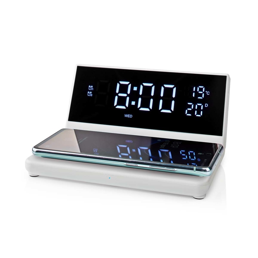 Modinātāja pulkstenis ar LCD ekrānu un bezvadu lādētājs 15W/230V + 1xCR2032 balta