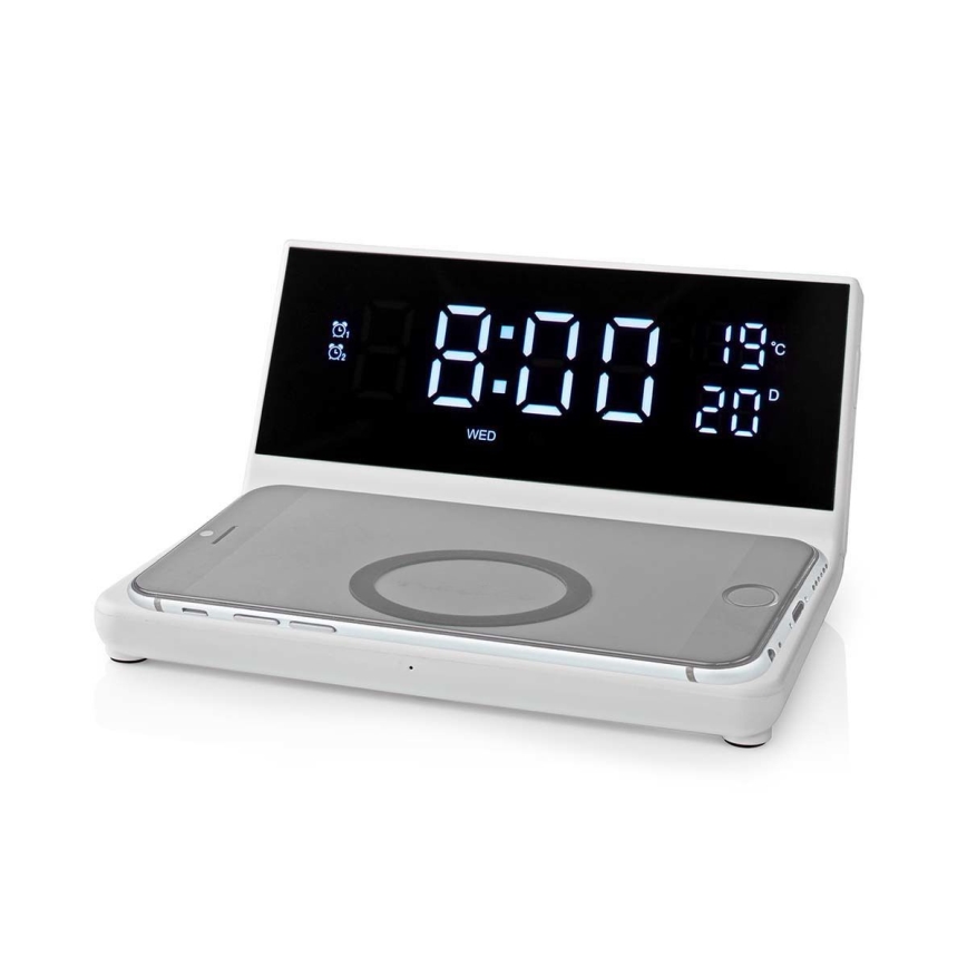 Modinātāja pulkstenis ar LCD ekrānu un bezvadu lādētājs 15W/230V + 1xCR2032 balta