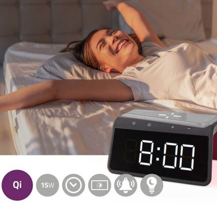 Modinātāja pulkstenis ar LCD ekrānu un bezvadu lādētājs 15W/230V 1x CR2032 melna