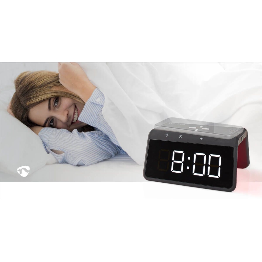 Modinātāja pulkstenis ar LCD ekrānu un bezvadu lādētājs 15W/230V 1x CR2032 melna