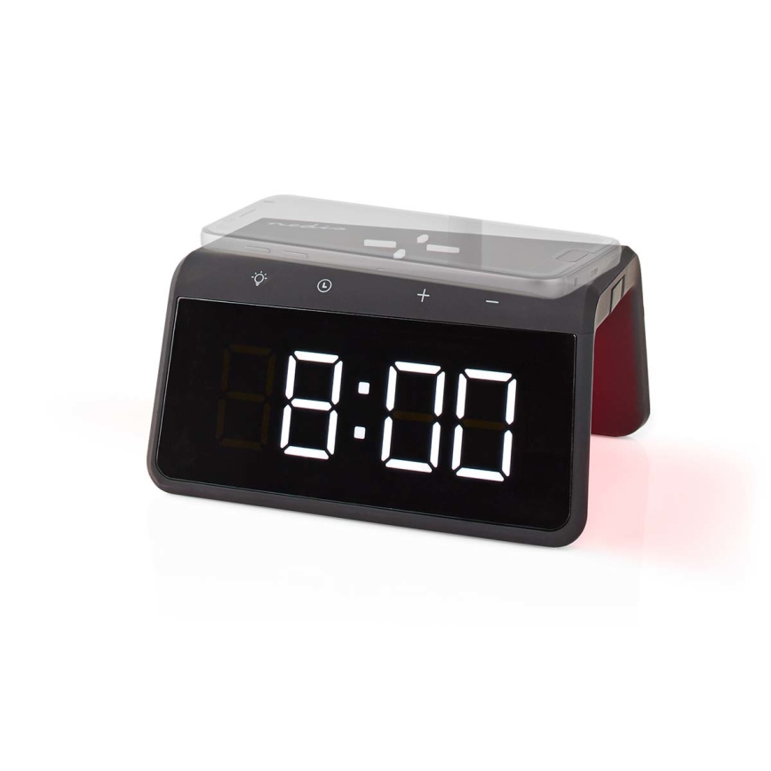 Modinātāja pulkstenis ar LCD ekrānu un bezvadu lādētājs 15W/230V 1x CR2032 melna