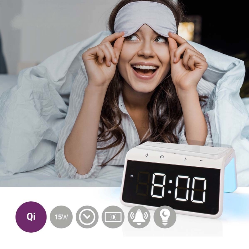 Modinātāja pulkstenis ar LCD ekrānu un bezvadu lādētājs 15W/230V 1x CR2032 balta