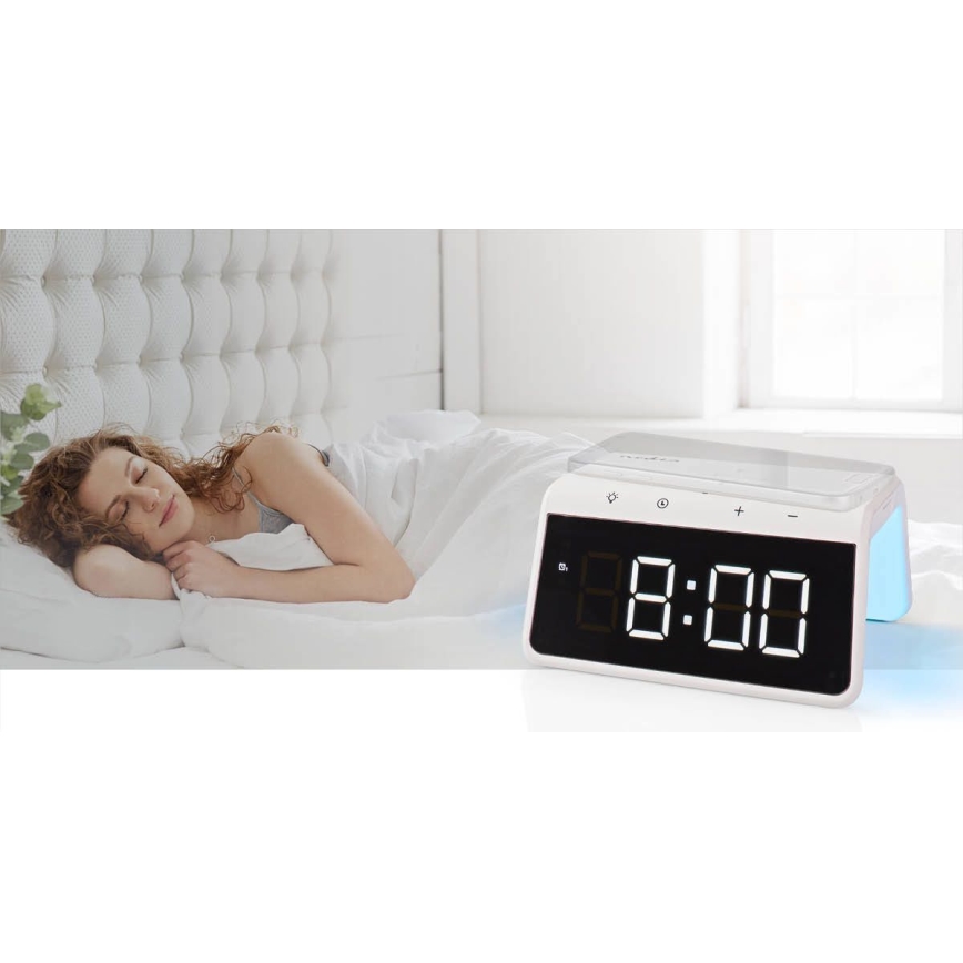 Modinātāja pulkstenis ar LCD ekrānu un bezvadu lādētājs 15W/230V 1x CR2032 balta