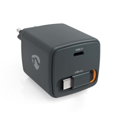 30W USB Power Delivery (PD) lādētājs ar ievelkamu kabeli, 2x USB-C, melns