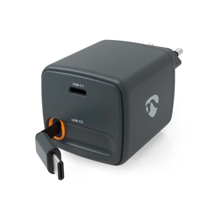 30W USB Power Delivery (PD) lādētājs ar ievelkamu kabeli, 2x USB-C, melns