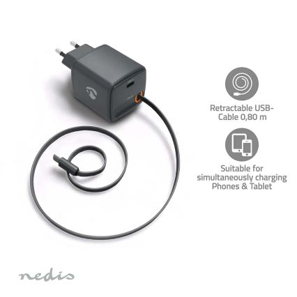 30W USB Power Delivery (PD) lādētājs ar ievelkamu kabeli, 2x USB-C, melns