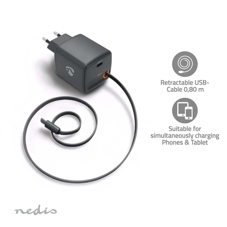 30W USB Power Delivery (PD) lādētājs ar ievelkamu kabeli, 2x USB-C, melns
