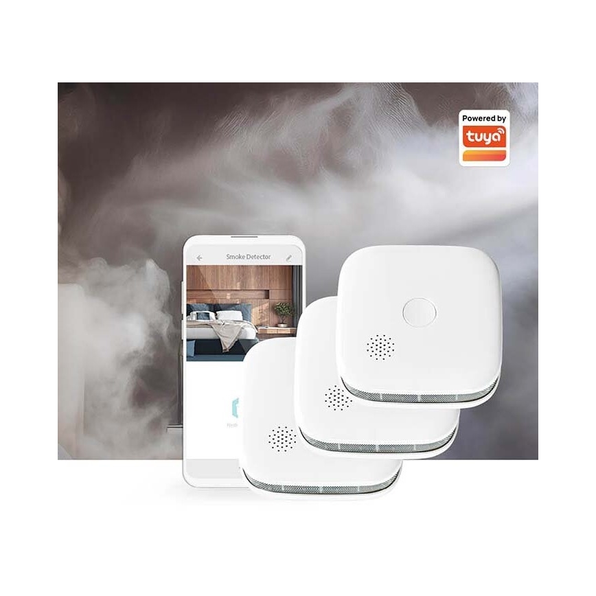 KOMPLEKTS 3x Dūmu detektors SmartLife 3V/1xCR123A Wi-Fi Tuya