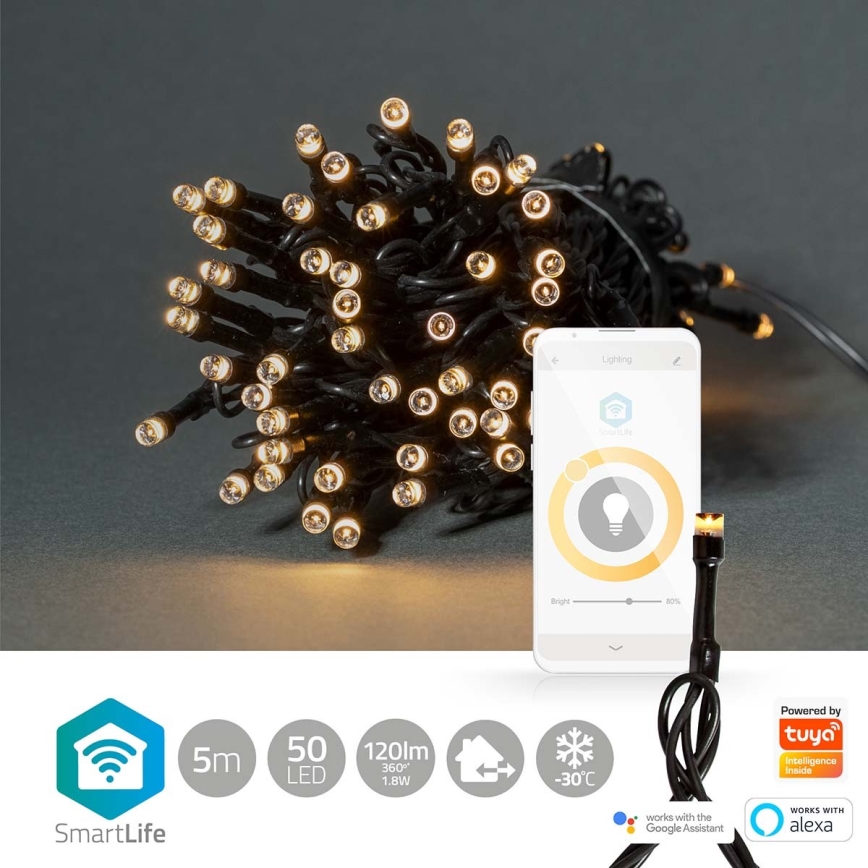 LED Ziemassvētku āra virtene 50xLED/8 funkcija 10m IP65 Wi-Fi Tuya silti balta
