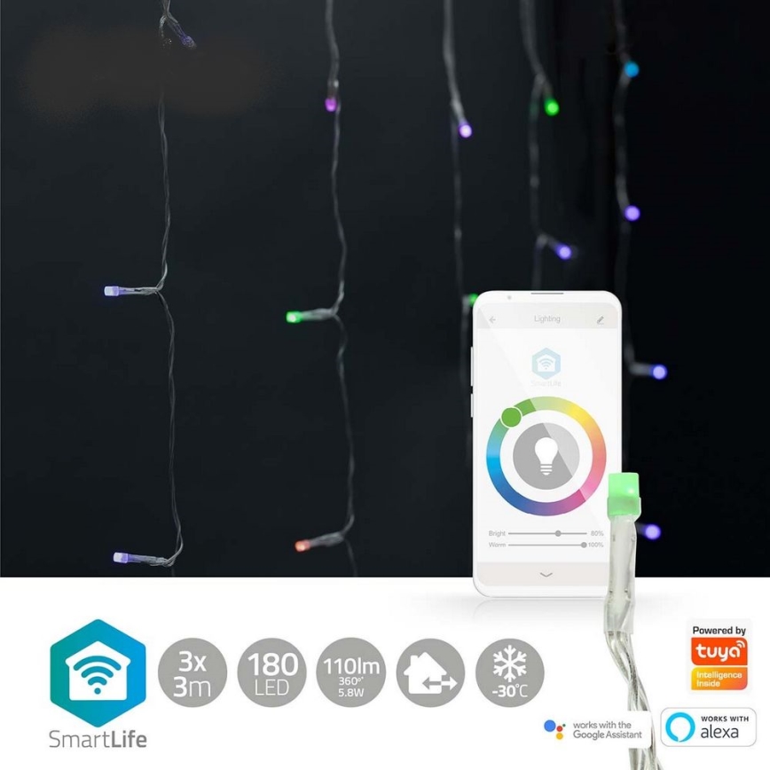 LED RGB Ziemassvētku aizkars 180xLED/7 funkcijas 6m IP65 Wi-Fi Tuya