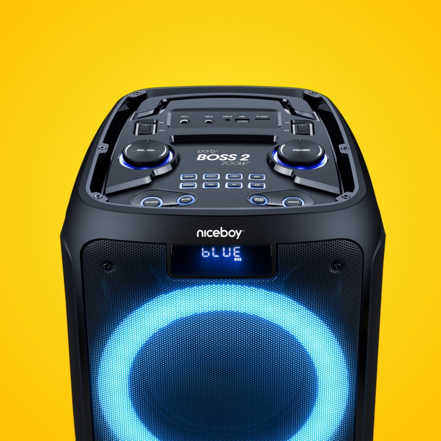 Niceboy PARTY Boss 2 - LED Bezvadu skaļrunis ar mikrofonu un lādētājakumulators funkcija 200W/4500 mAh + tālvadības pults