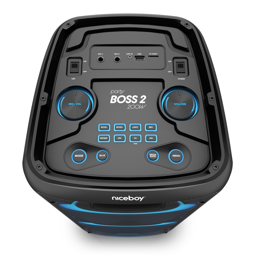 Niceboy PARTY Boss 2 - LED Bezvadu skaļrunis ar mikrofonu un lādētājakumulators funkcija 200W/4500 mAh + tālvadības pults