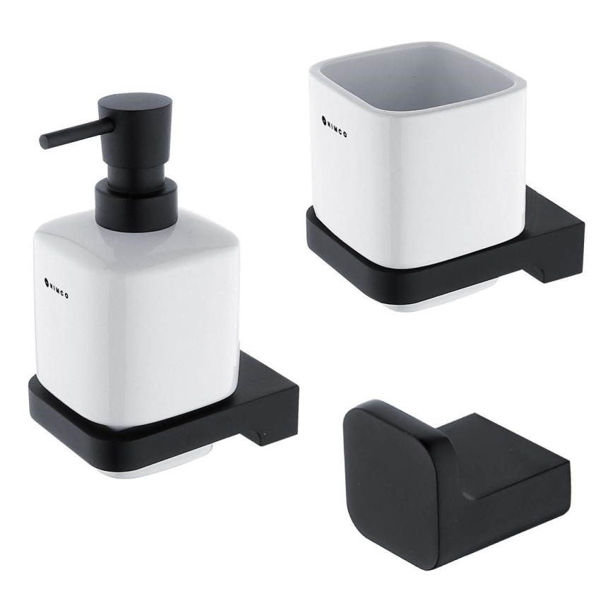 NIMCO MAC komplekts-31K-T-90 - Pie sienas stiprināms ziepju dozators, zobu birstes turētājs un sienas āķis MAYA 320 mm balta/matēts melna