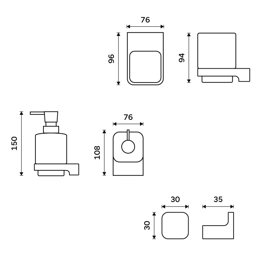 NIMCO MAC komplekts-31K-T-90 - Pie sienas stiprināms ziepju dozators, zobu birstes turētājs un sienas āķis MAYA 320 mm balta/matēts melna