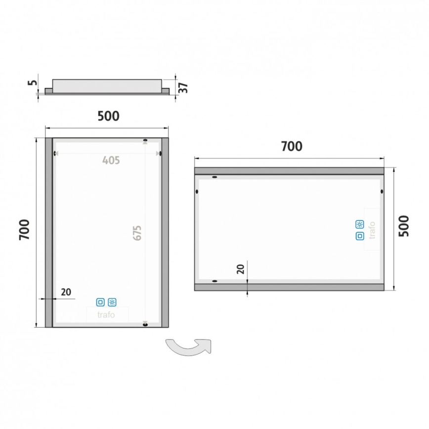 NIMCO ZP 11001VX – vannas istabas LED spogulis ar regulējamu spilgtumu, LED 21 W, 230 V, 3000–6500 K, 70 x 50 cm, IP44