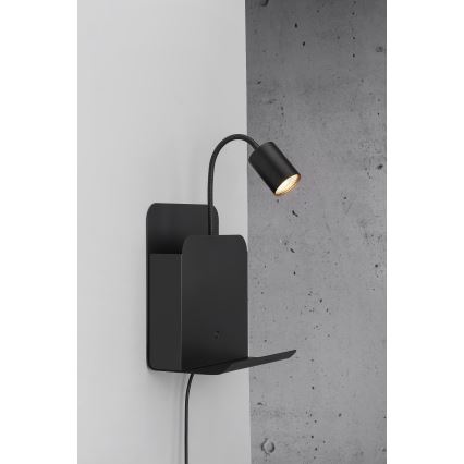 Nordlux - Sienas starmetis ar plauktu un USB ROOMI 1xGU10/8W/230V melna