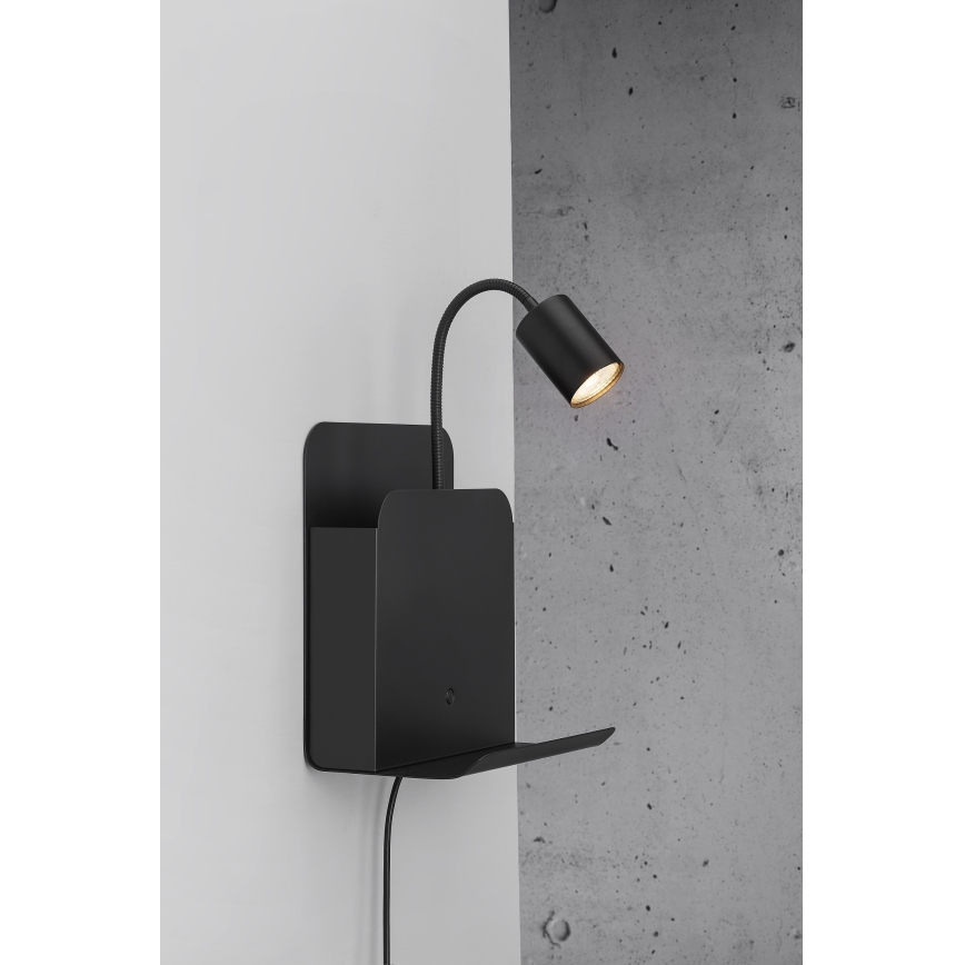 Nordlux - Sienas starmetis ar plauktu un USB ROOMI 1xGU10/8W/230V melna