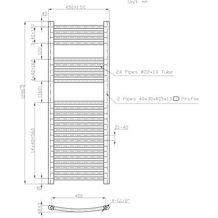 Novaservis - Vannas istabas dvieļu radiators 490W/230V 120x45 cm balts, noapaļots