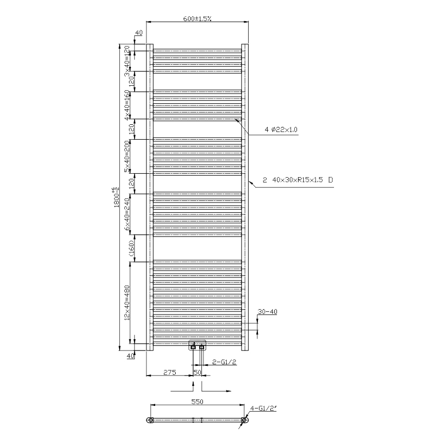 Novaservis - Vannas istabas dvieļu žāvētājs 630W/230V 180x60 cm pulēts hroms taisns