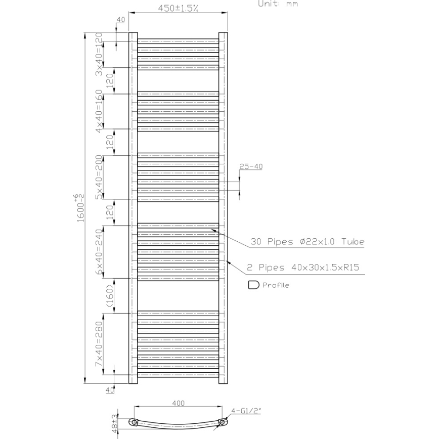 Novaservis - Vannas istabas dvieļu žeburveida radiators 648W/230V 160x45 cm balts, noapaļots