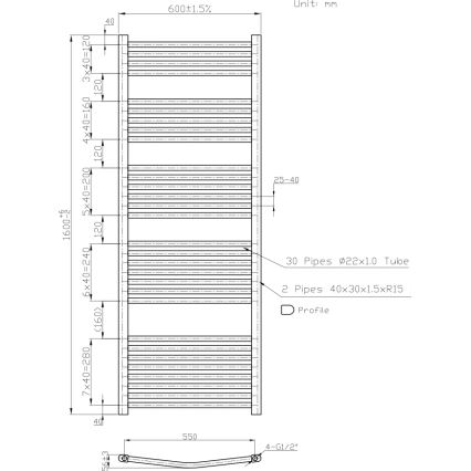 Novaservis - Vannas istabas kāpņu tipa dvieļu radiators 836 W/230 V 160 x 60 cm, balts, apaļš
