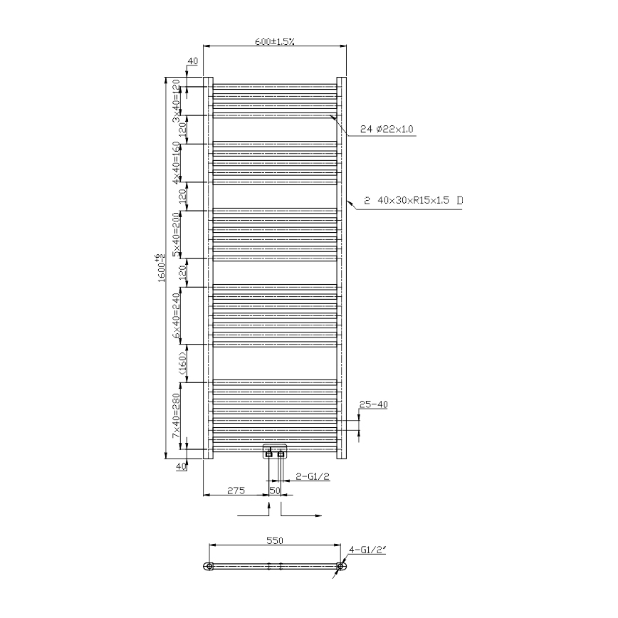 Novaservis - Vannas istabas kāpņu tipa dvieļu žāvētājs 836W/230V 160x60 cm melns taisns