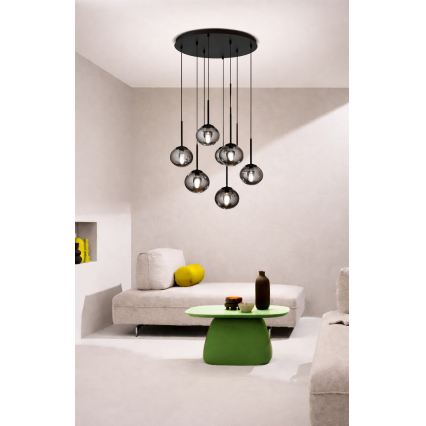 Ondaluce - Lustra uz troses JEWEL 8xE14/10W/230V Ø 70 cm melna/dūmaina melna