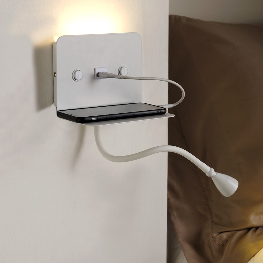 ONLI - LED Pielāgojama lampiņa ar plauktu un USB lādētāju PLAK LED/1W/230V balta