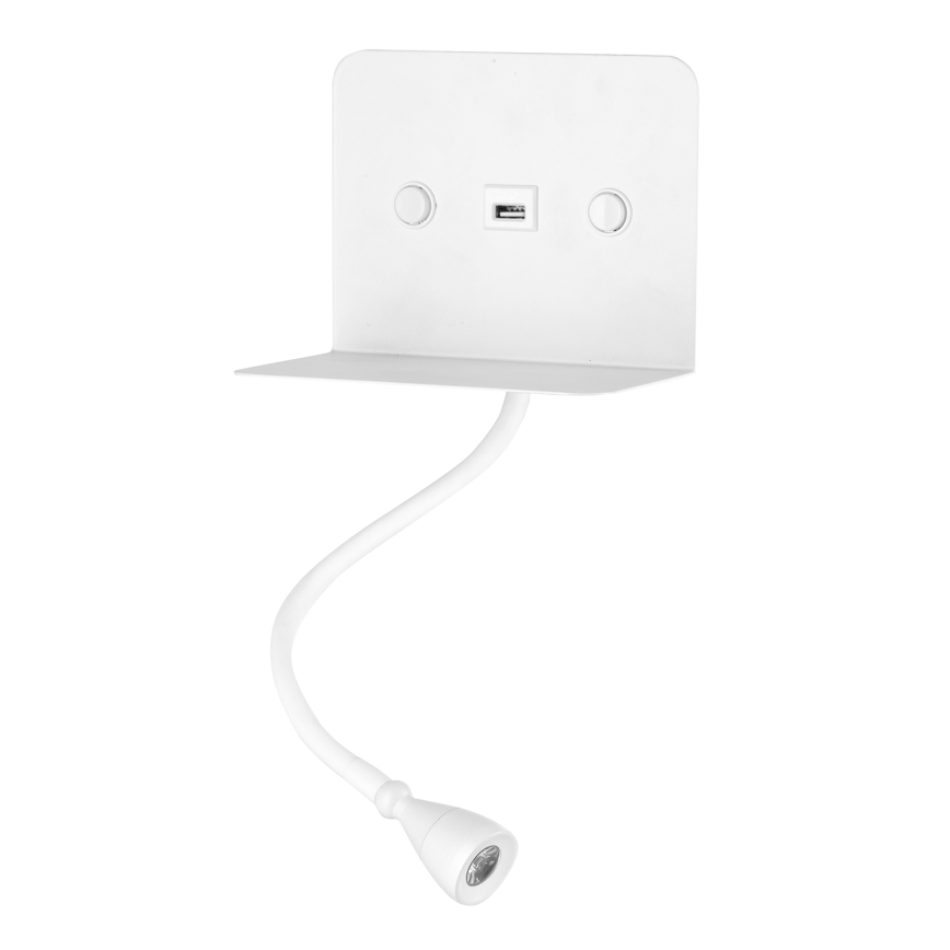 ONLI - LED Pielāgojama lampiņa ar plauktu un USB lādētāju PLAK LED/1W/230V balta