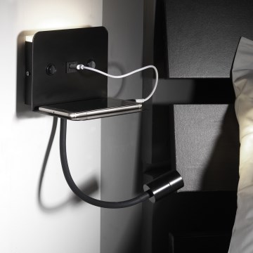 ONLI - LED Pielāgojama lampiņa ar plauktu un USB lādētāju PLAK LED/1W/230V melna