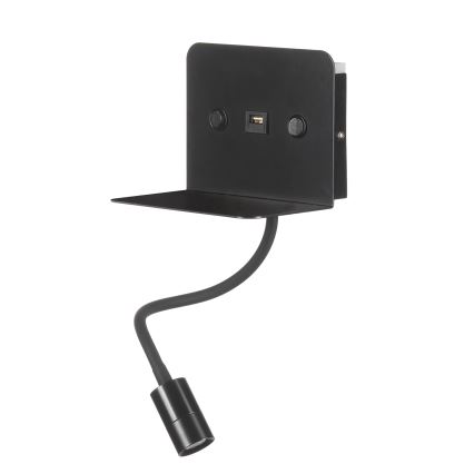 ONLI - LED Pielāgojama lampiņa ar plauktu un USB lādētāju PLAK LED/1W/230V melna