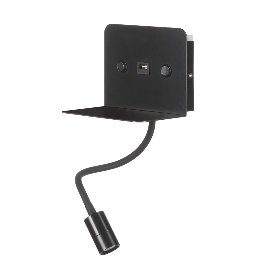 ONLI - LED Pielāgojama lampiņa ar plauktu un USB lādētāju PLAK LED/1W/230V melna