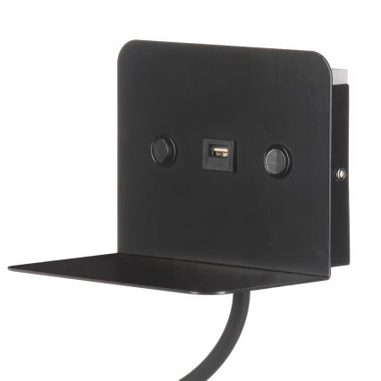 ONLI - LED Pielāgojama lampiņa ar plauktu un USB lādētāju PLAK LED/1W/230V melna