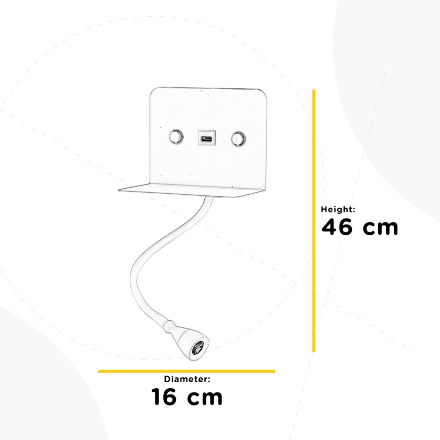 ONLI - LED Pielāgojama lampiņa ar plauktu un USB lādētāju PLAK LED/1W/230V melna